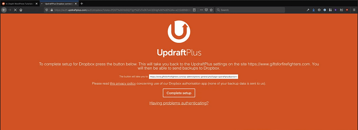 Orange screen shown by UpdraftPlus to configure Dropbox